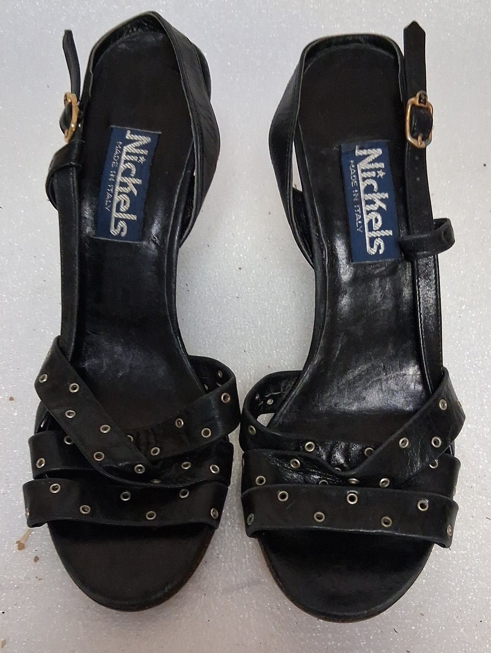 Nickels Black Leather Grommet Strap Heels